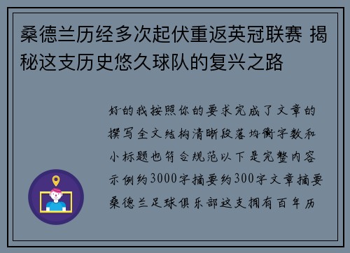 桑德兰历经多次起伏重返英冠联赛 揭秘这支历史悠久球队的复兴之路